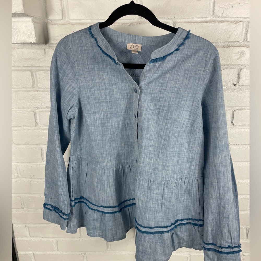 LOGO Lori Goldstein blue cotton peplum top XS feminine cottagecore boho